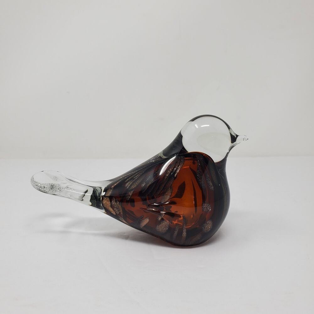 Art Glass Fleck Amber Sparrow Bird Glass Paperweight Figurine Unmarked 7" Long